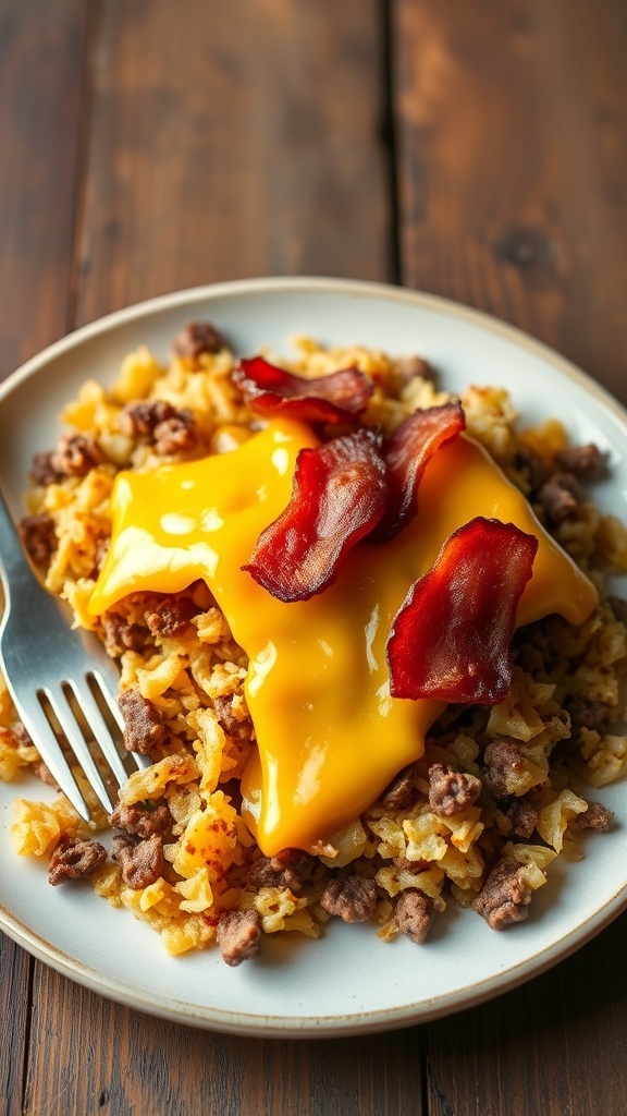 Crispy carnivore hash browns made from meat and bacon, served with melted cheese on a rustic plate.